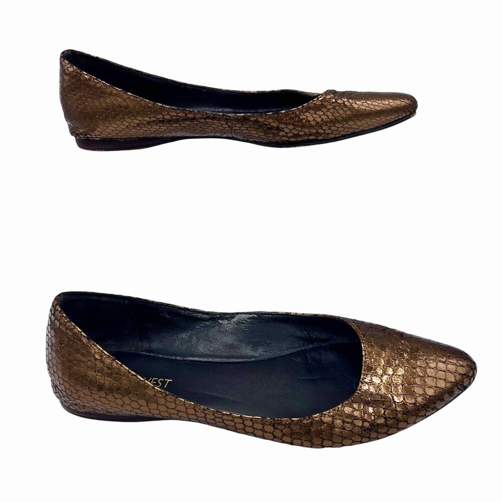 NINE WEST METALLIC BRONZE SNAKE LEATHER POINTED TOE FLATS - 6M